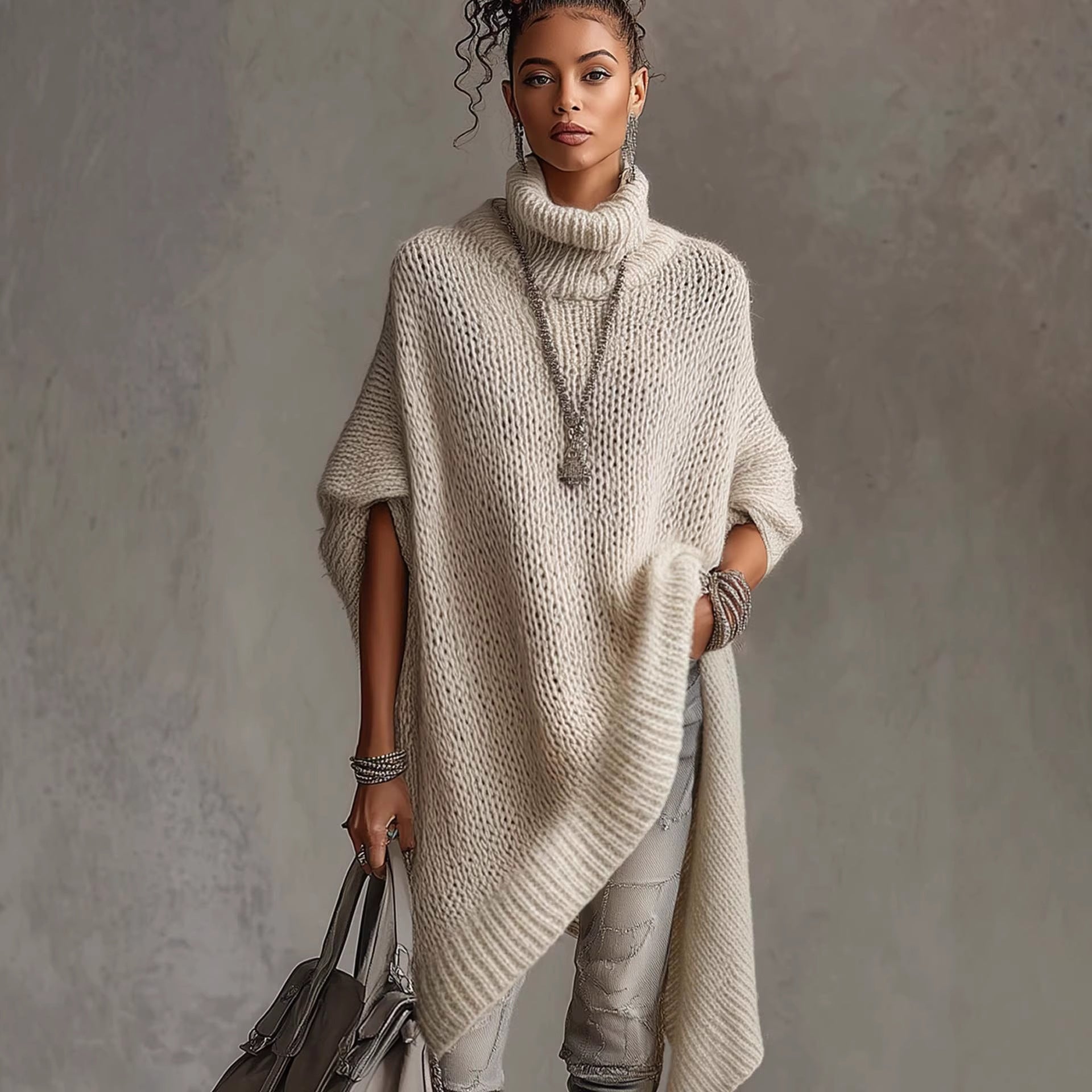 Knitted Turtleneck Hollow-out Design Casual And Laid-back Style Mid-length Sweater Secondary image