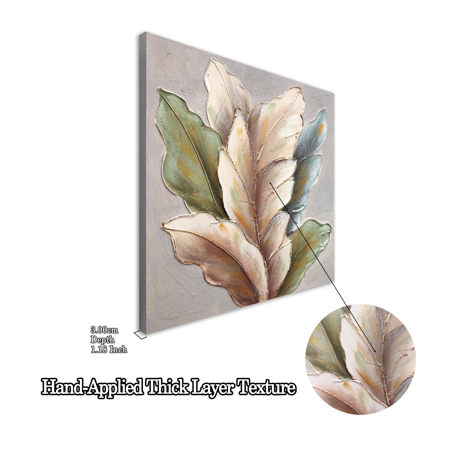 24x24 Set of 2 Botanical Leaf Wall Art, Neutral Antique White & Green Textured Canvas Painting with Gold Accents, Framed Decor for Living Room Bedroom, Ready to Hang Secondary image