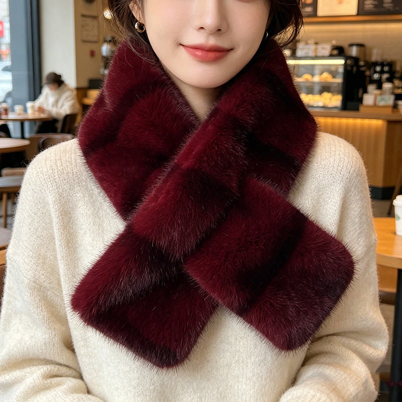 Striped Color Contrast Soft Plush Cross-hole Scarf With Retro And Sophisticated Style, Suitable For Autumn And Winter Commuting And Traveling Outfits. Secondary image