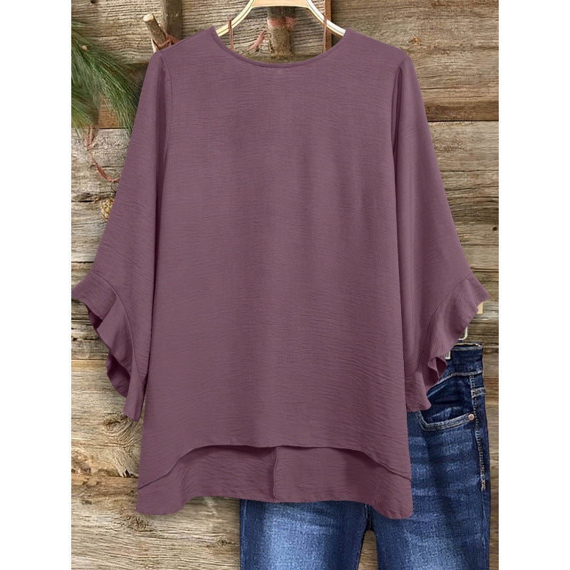 Womens Solid-color Loose-fitting Round-neck Top With Ruffled Sleeves Secondary image