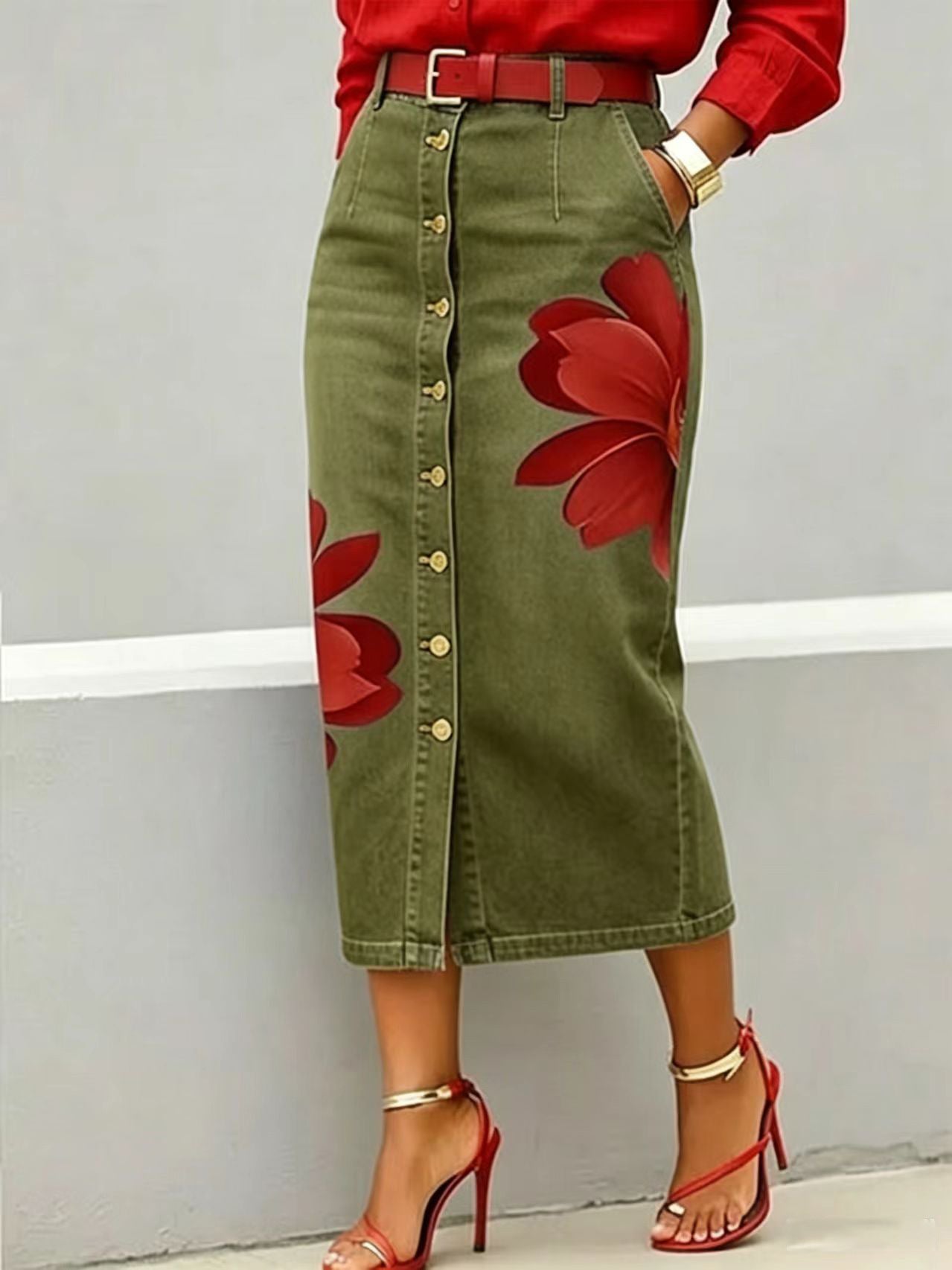 Womens Floral-Print Loose Casual Denim Skirt Secondary image