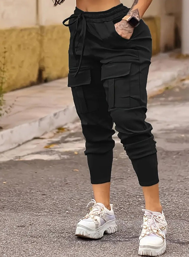 Women's High Waist Cargo Pants Drawstring Multi Pockets Stretchy Casual Pants Fashion Versatile Solid Color Long Trousers Secondary image