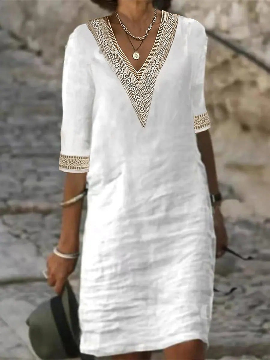 2026 European And American Women's Spring And Summer New Solid Color V-neck Mid Sleeve Cotton Linen Casual Dress Secondary image