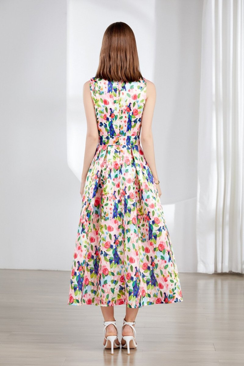 Floral Sleeveless Boatneck Flared A Line Midi Dress Main image