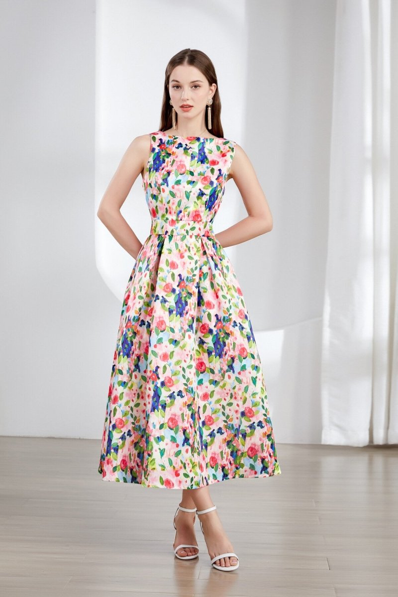 Floral Sleeveless Boatneck Flared A Line Midi Dress Secondary image