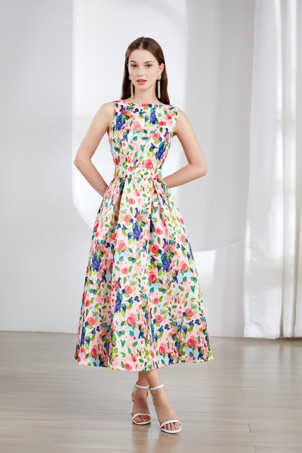 Floral Sleeveless Boatneck Flared A Line Midi Dress